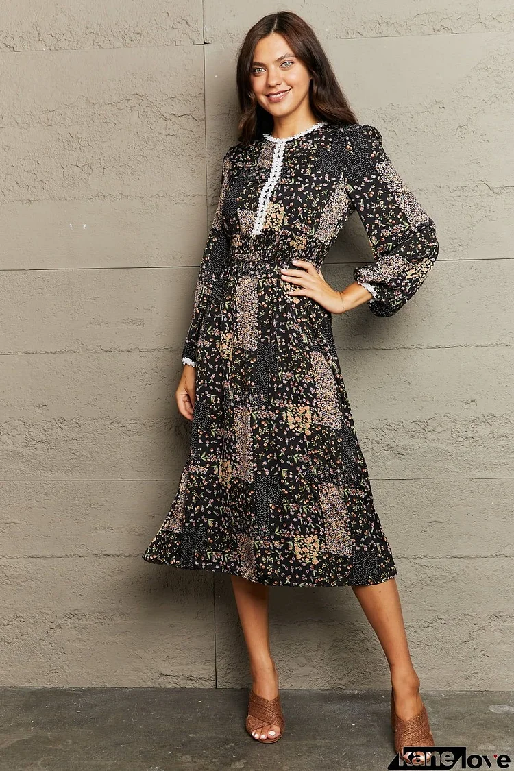 Printed Long Sleeve Round Neck Dress