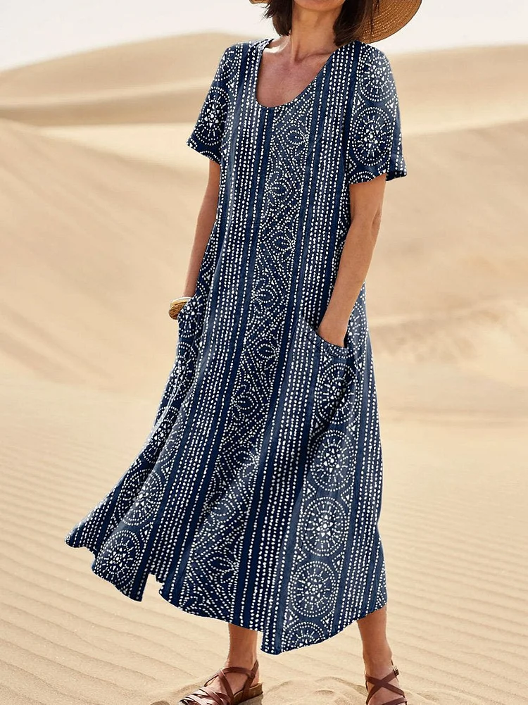 Batik Style Pattern Printed Women's Linen Pocket Dress