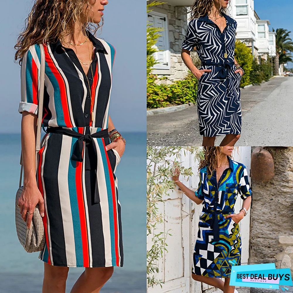 Fashion Printed V-Neck Long Sleeve High Waist Lace-Up Ladies Shirt Skirt