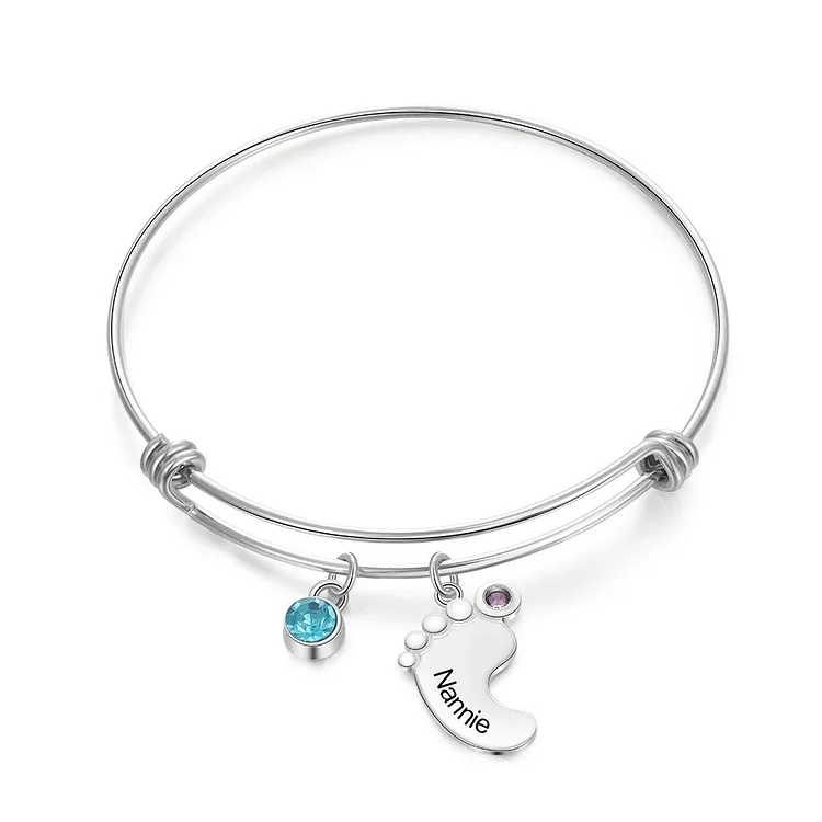 Baby Feet Bangle Bracelet with Charms 2 Birthstones Engraved 1 Name
