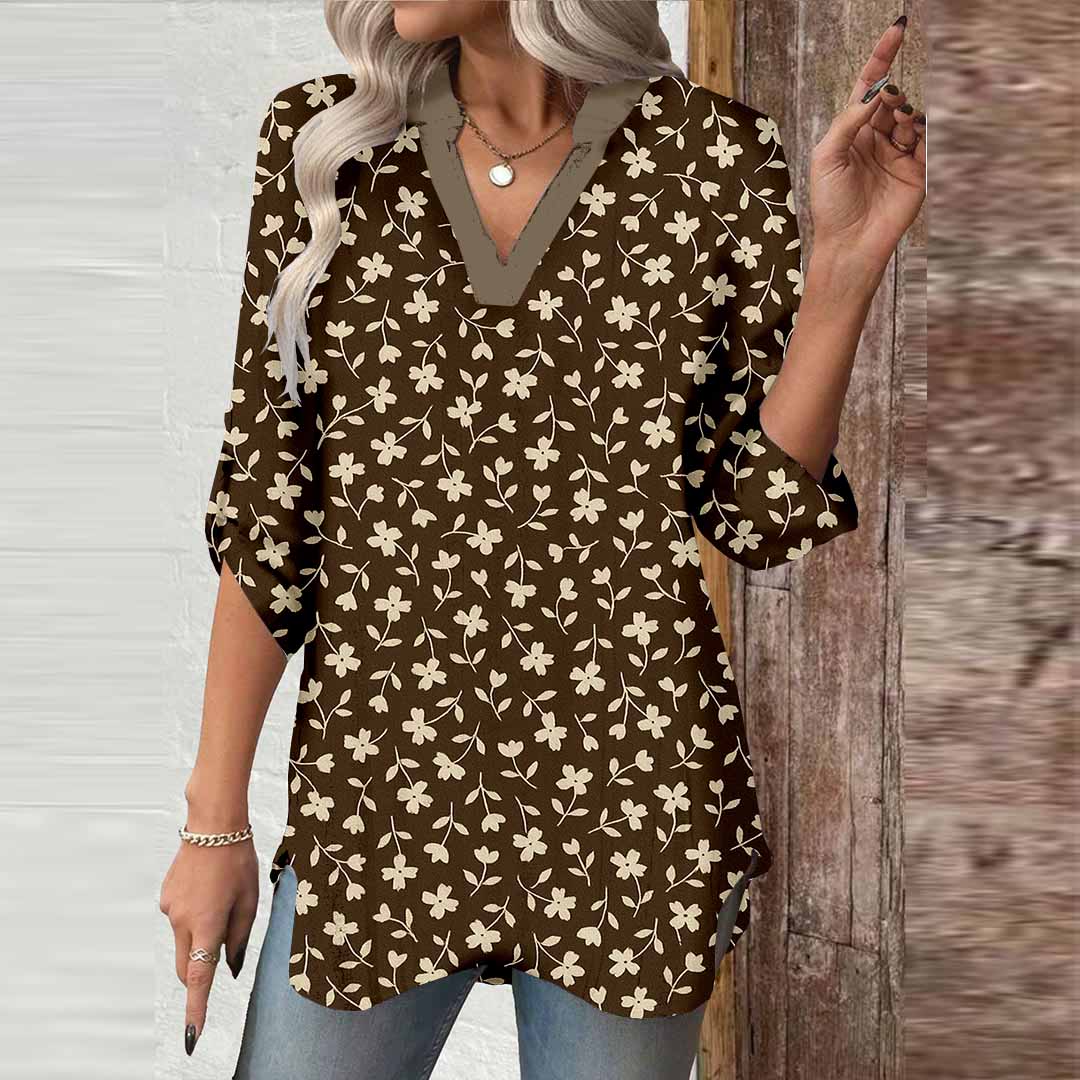 Women Floral,Beige DZGA0018 3/4 Sleeve V-neck Printed Graphic Button Tops