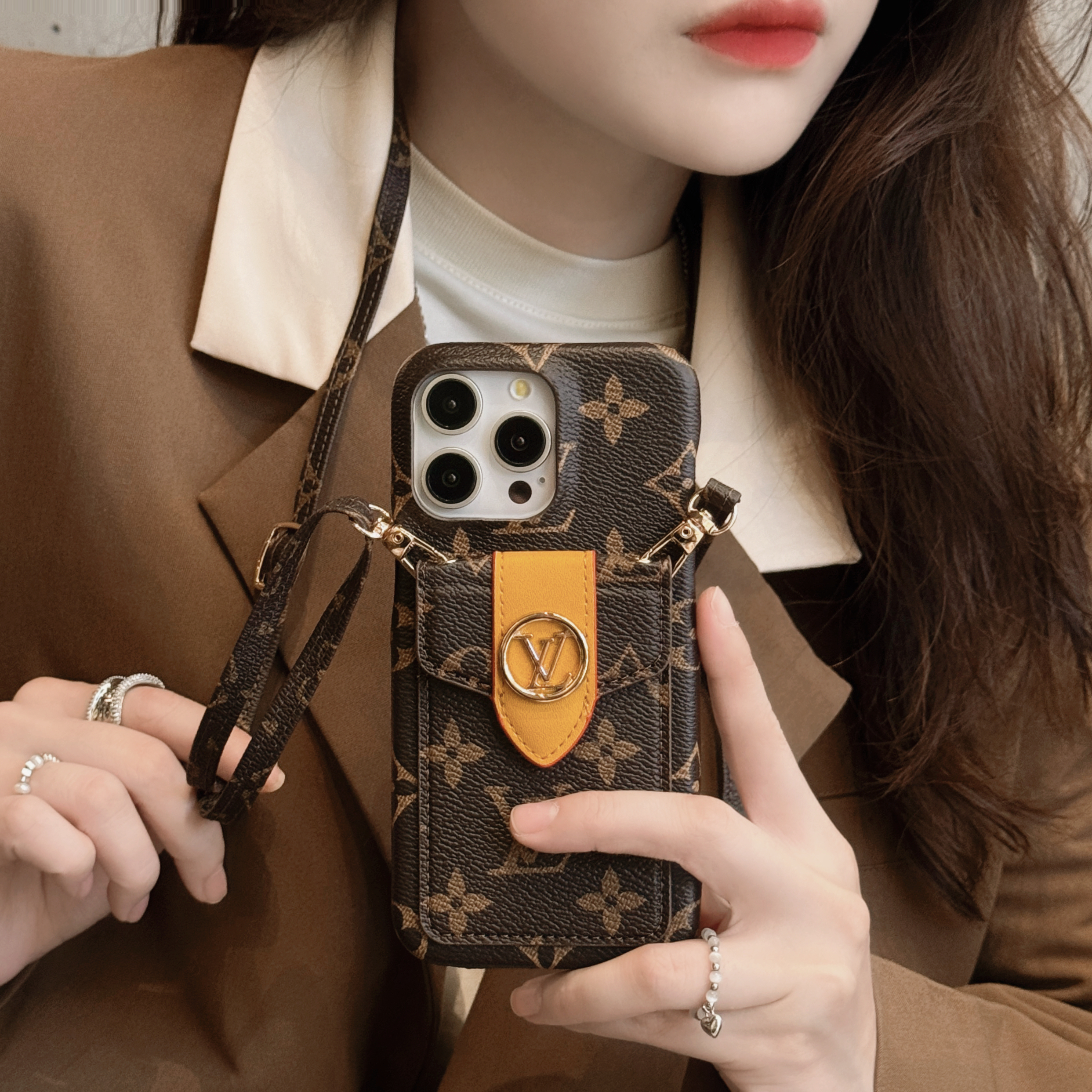 LV Canvas Letter Leather Card Holder Crossbody Apple iPhone Wallet Case