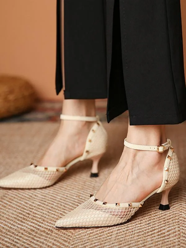 Fashion pointed toe comfortable breathable mesh stiletto rivet high-heeled shoes