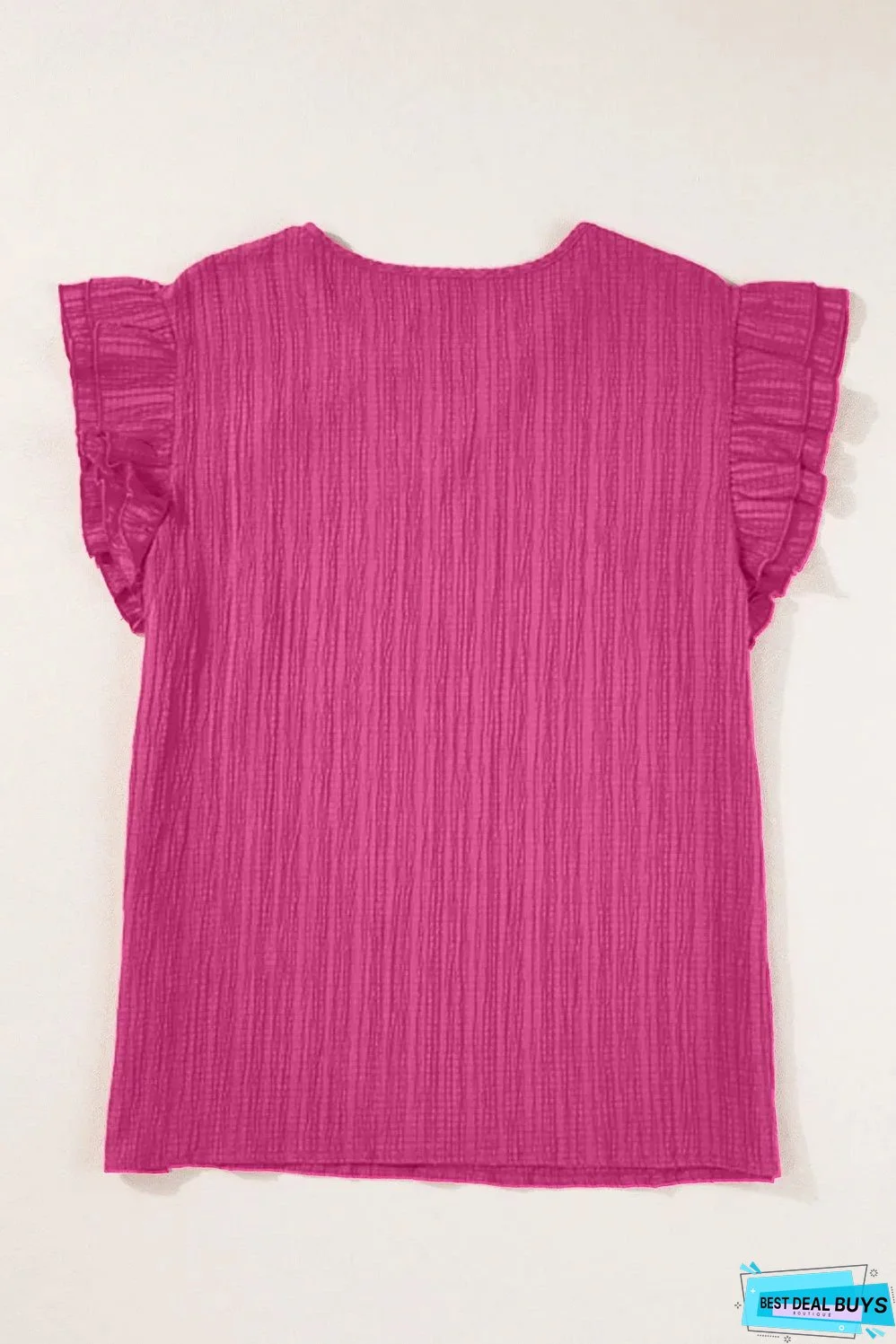 Rose Red Textured Ruffled Sleeve V Neck Top