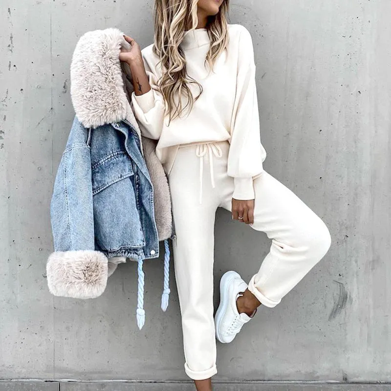 Women's Tracksuit 2 Piece Sets Autumn Solid Fashion Casual Outfits Long Sleeve Tops High Waist Bandage Pants Oversized Hoodies