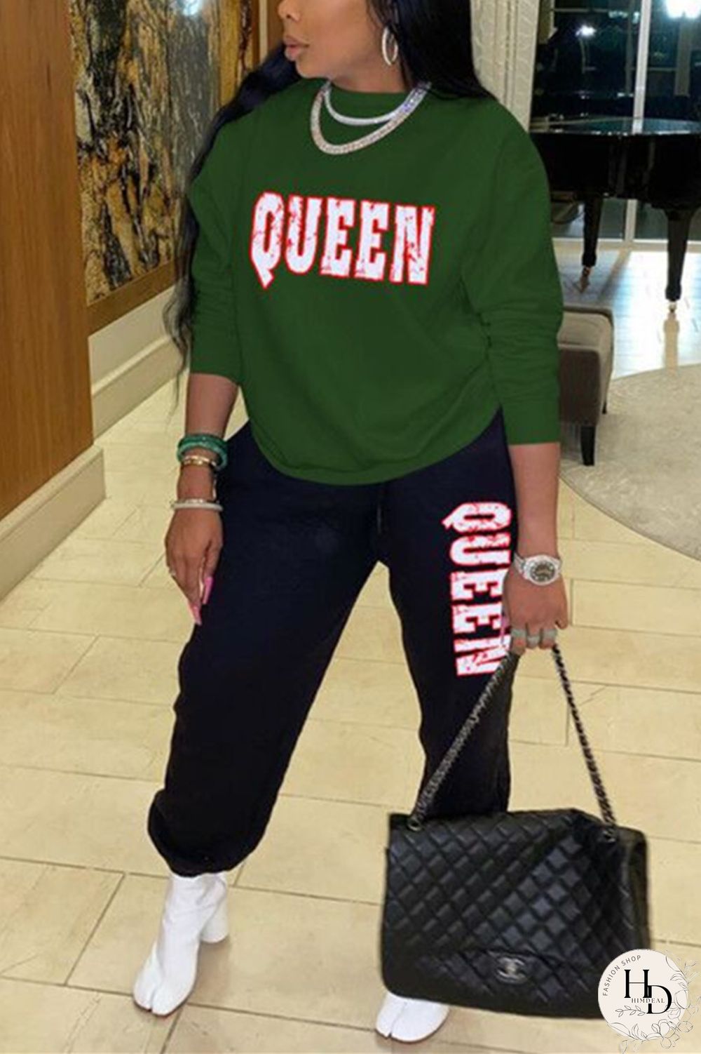 Army Green Fashion Casual Letter Print Letter O Neck Long Sleeve Two Pieces