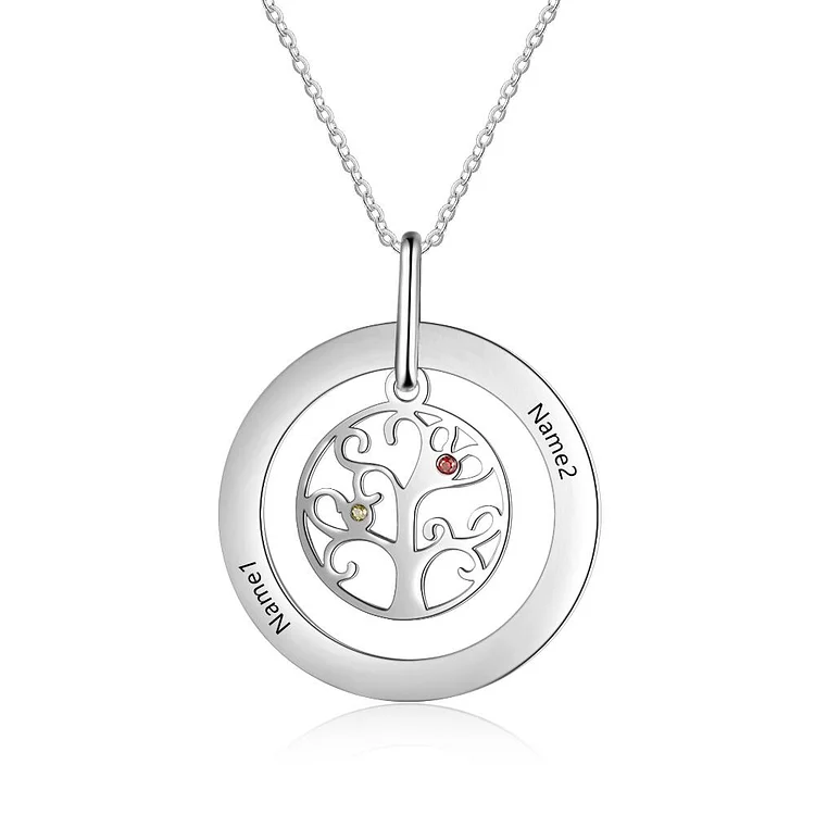 Family Tree Necklace with 2 Birthstone Tree of Life Engraved 2 Names Mother Daughter Necklace