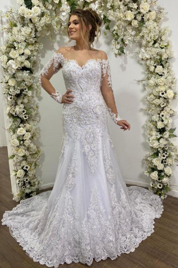 Luluslly Beautiful Mermaid Tulle Sleeves Lace Wedding Dress With  Off-the-shoulder