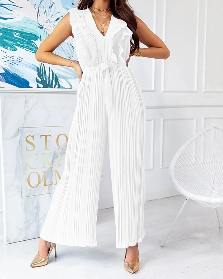 High Waist Pressed Pleated One Piece Wide Leg Pants