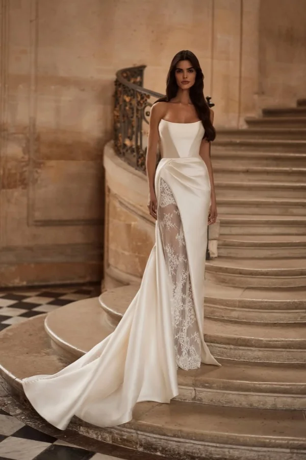 Miabel Gorgeous Satin Strapless Lace Sleeveless Wedding Dress with Split   