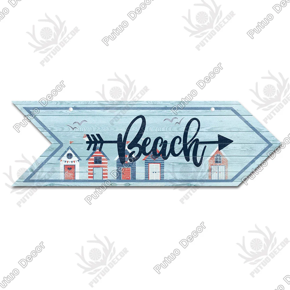 Putuo Decor Beach Arrow Wooden Wall Plaque Sign Beach Seaside Road Guide Wall Decoration Indicator Hanging Beach House Deocr