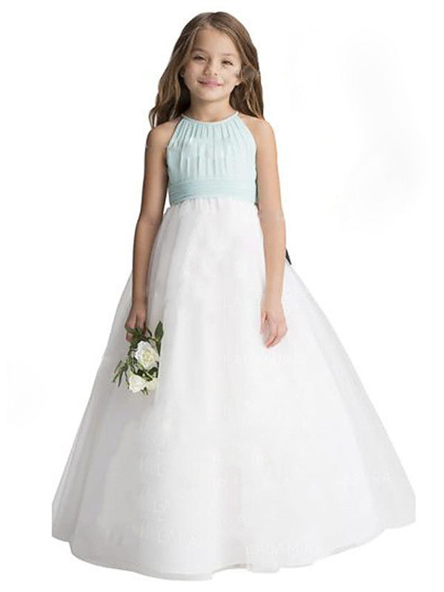 Oknass A-Line Sleeveless Jewel Neck Flower Girl Dresses Chiffon Tulle With Ruffles