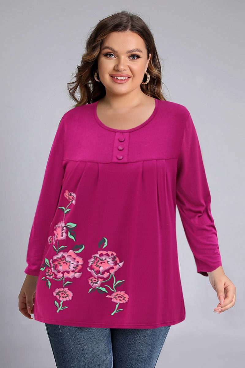 Plus Size Casual Fuchsia Floral Print Pleated Decorative Button Blouses