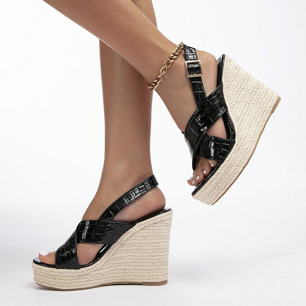 Black Patent Leather Open Toe 4'' Wedge Heel Platform Sandals Nicepairs
