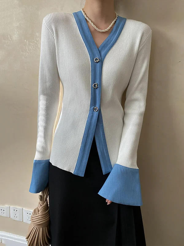 Original Long Sleeves Skinny Buttoned Contrast Color V-Neck Cardigan Tops