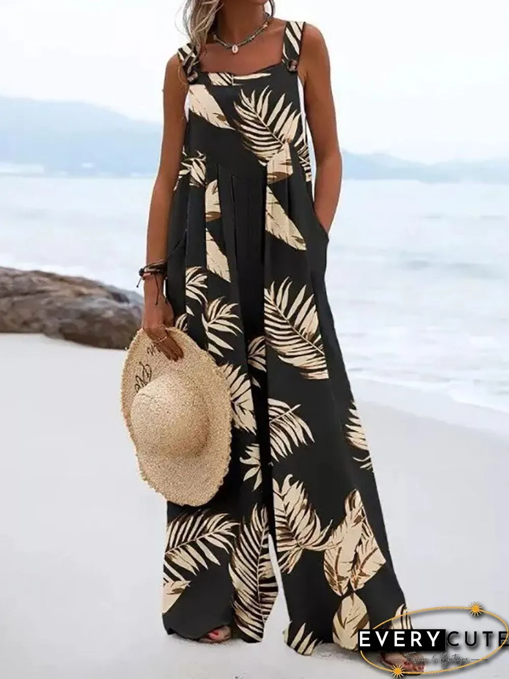 Summer Vintage Print Trousers Jumpsuit Women Casual Sling Sleeveless O Neck Wide Leg Playsuits Fashion High Street Loose Romper