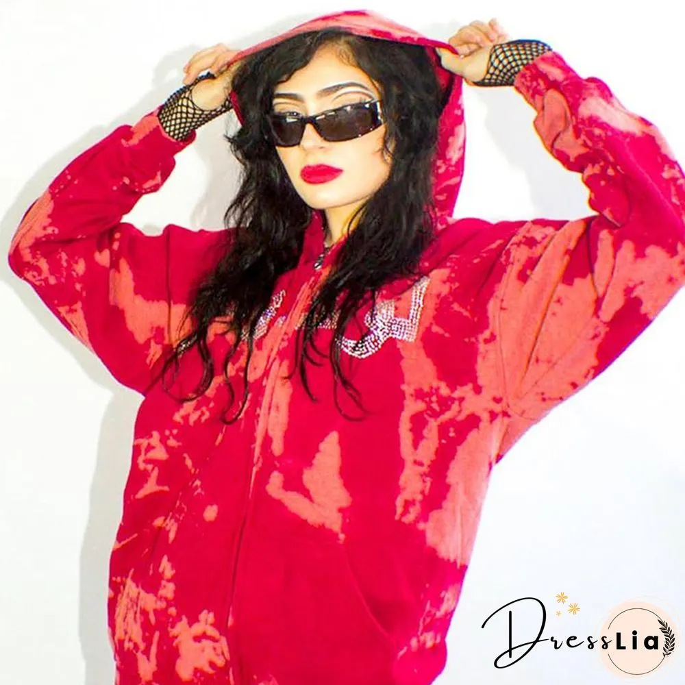 Rhinestone Jacket Y2k Women Fairy Grunge Print Long Sleeve Hooded Tops With Pockets Coat Autumn Winter Clothes