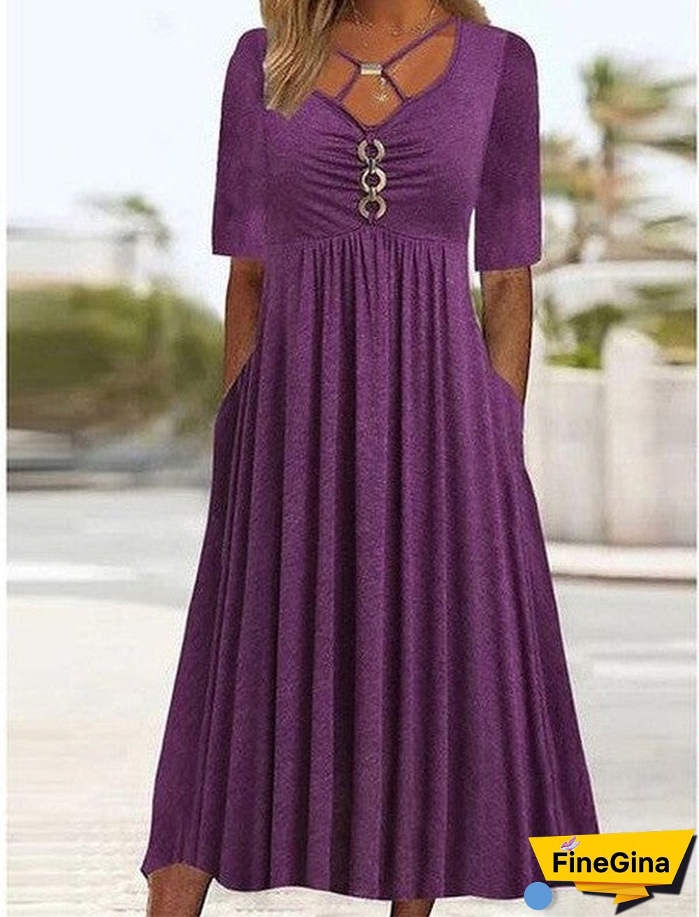 Purple Side Pockets Plain Midi Dress