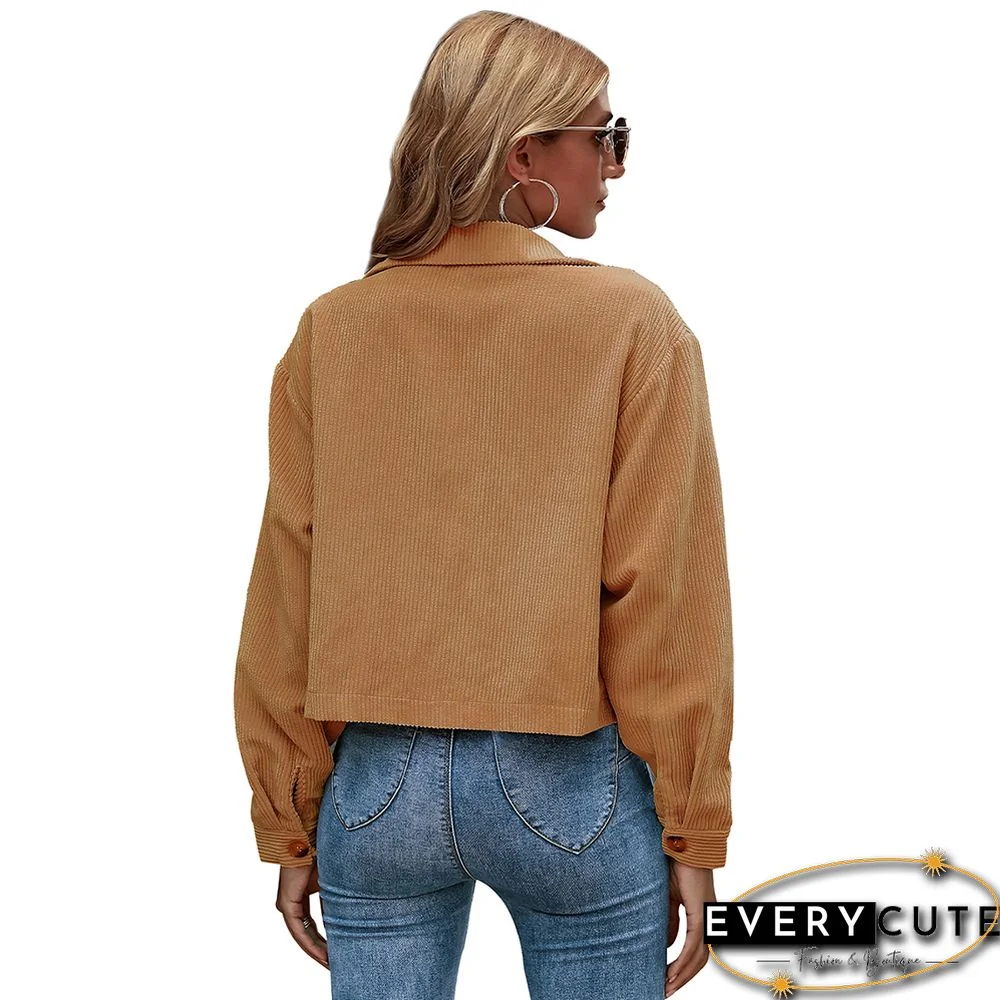 Khaki Corduroy Pocket Button Short Jacket