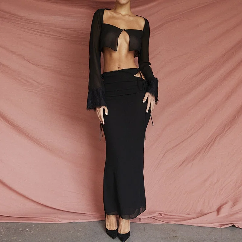 Tawnie Y2K See Through Maxi Skirt 2 Pieces Sets Long Sleeve Cardigan Crop Top Bodycon Long Skirt Women 2022 Summer Dress Sets