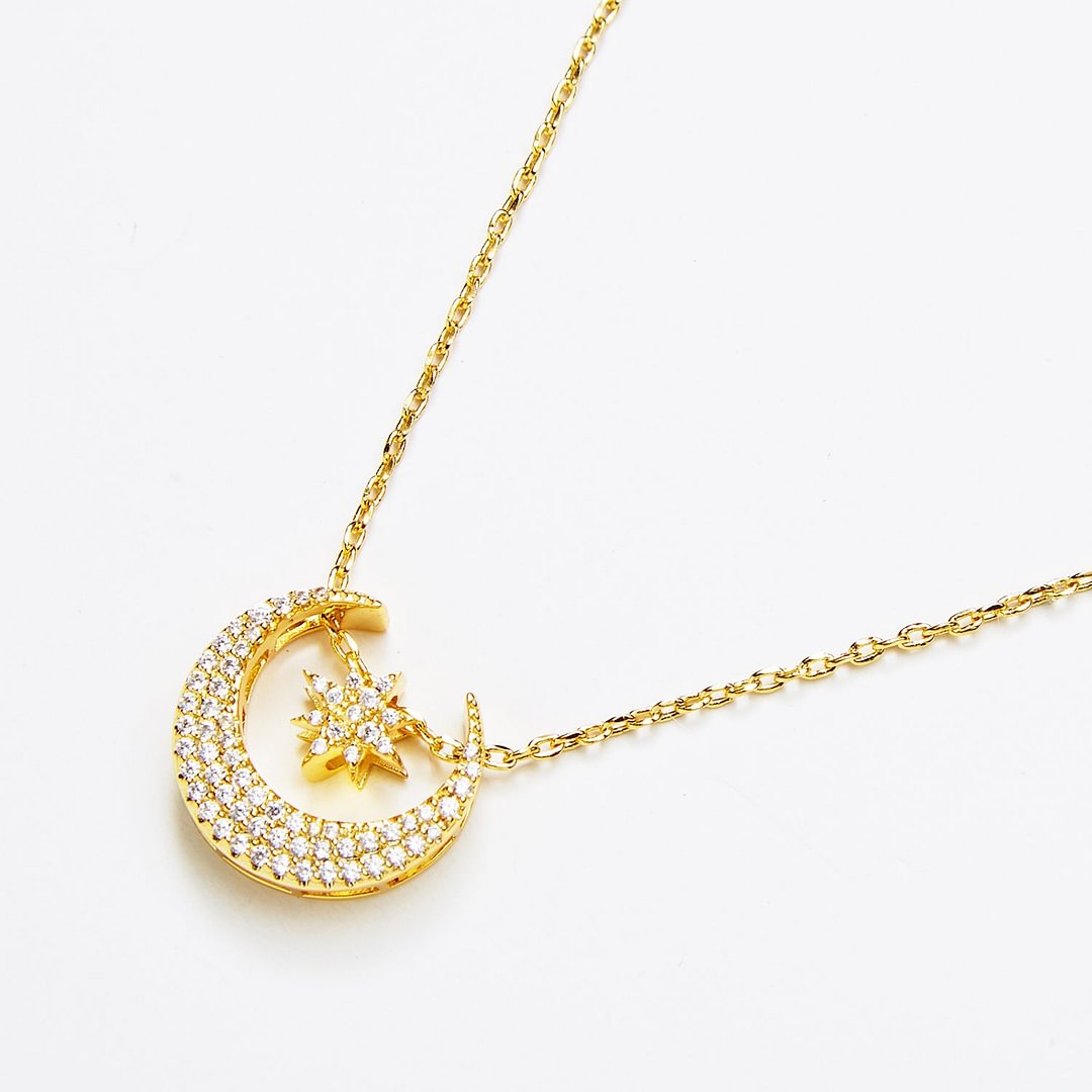 14K Gold Crescent Moon and Star Variable Necklace