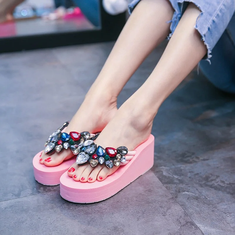 6cm High Heel Women's Beach Holiday Sandals, Rhinestone Wild Non-slip Women's Shoes Rhinestone Shoes Women  House Slippers