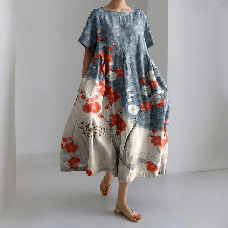 VChics Japanese Art Flower Print Short Sleeve Loose Midi Dress