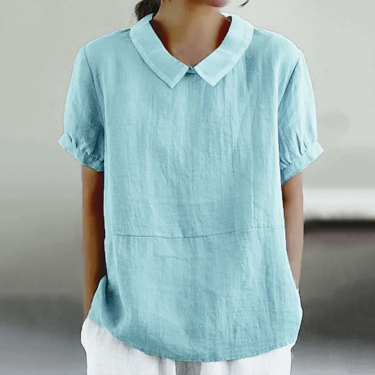 Solid Color Lapel Cotton And Linen Casual Blouse