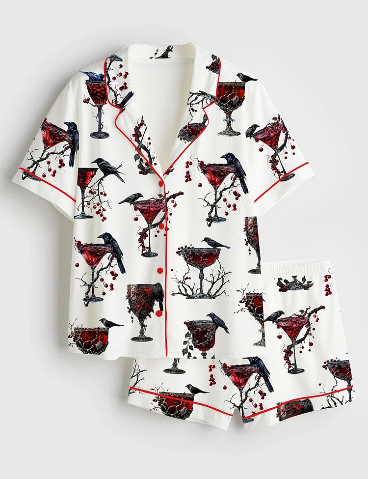 Women&rsquo;s Halloween Cocktail Alcohol Drinks Gothic Cocktail Black Bird Red Gothic Christmas Drinks Short Sleeve Satin Pajama Set