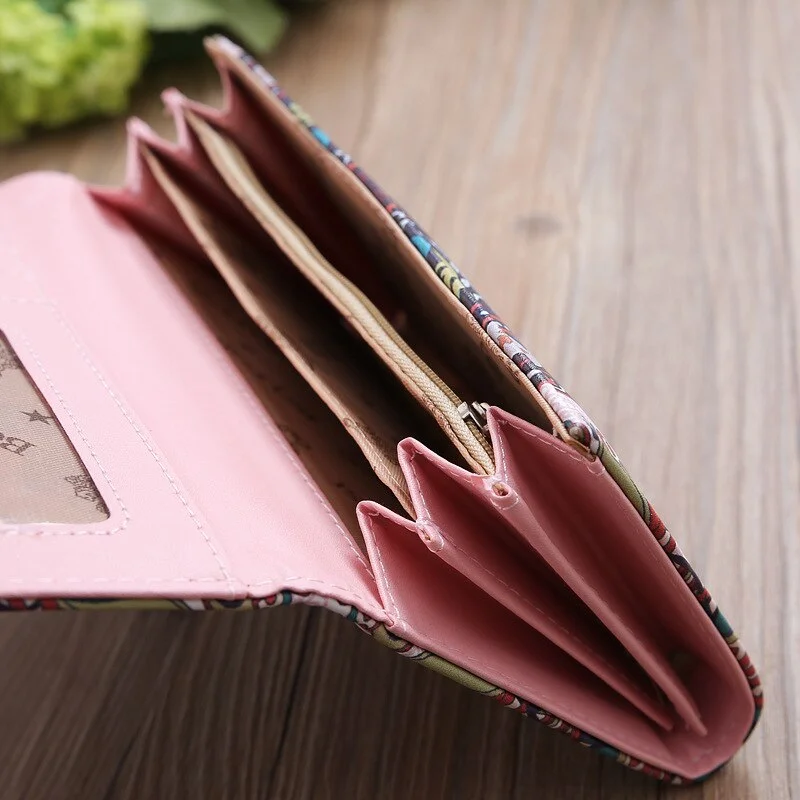 Fashion Multifunctional Women Wallet Color Printing Long Mobile Phone Bag Multi-layer Women Big Flower Color Matching Coin Purse