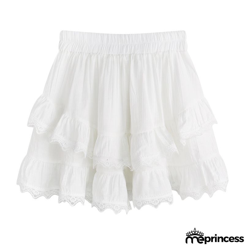Solid Color High Waist Tiered Crochet Ruffle Mini Skirt