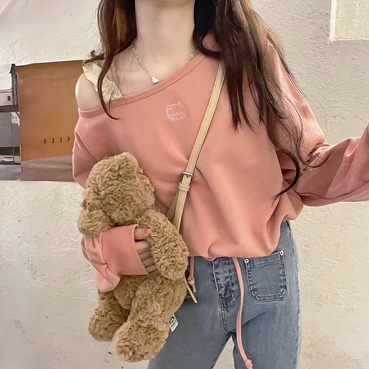 Sweet Pink Cat Embroidery Off Shoulder Sweatshirt - Gotamochi Kawaii Shop, Kawaii Clothes