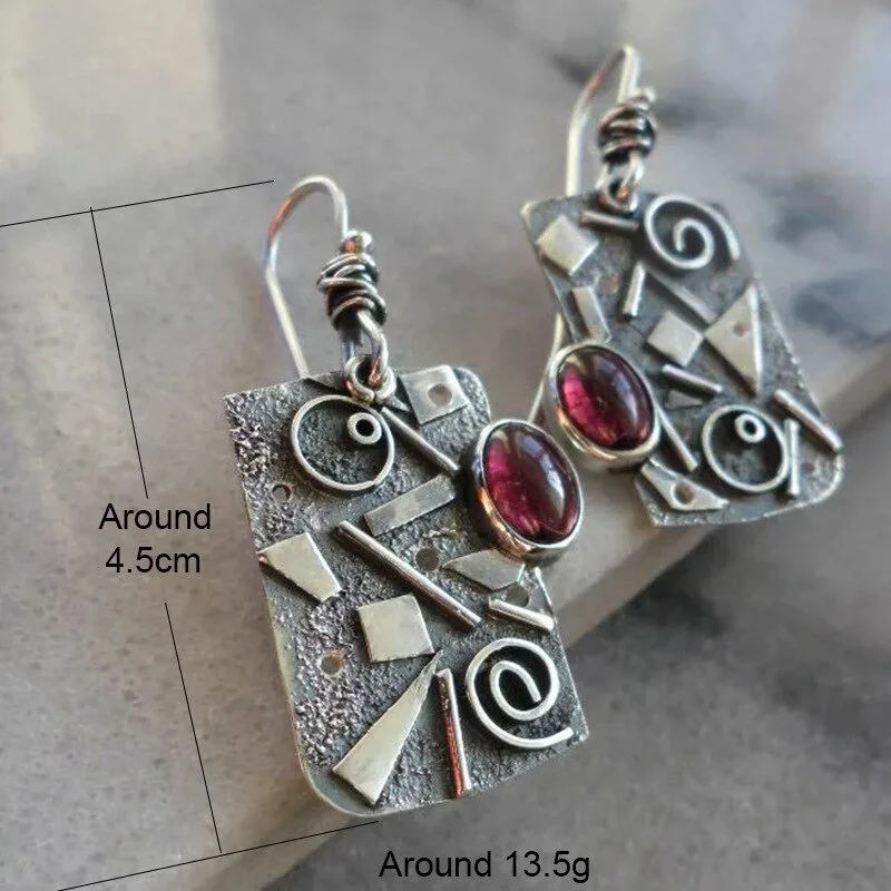 Ancient Silver Color Geometric Square Irregular Spiral Hook Drop Earrings Retro Bohemian Tribal Wedding Party Jewelry Gifts