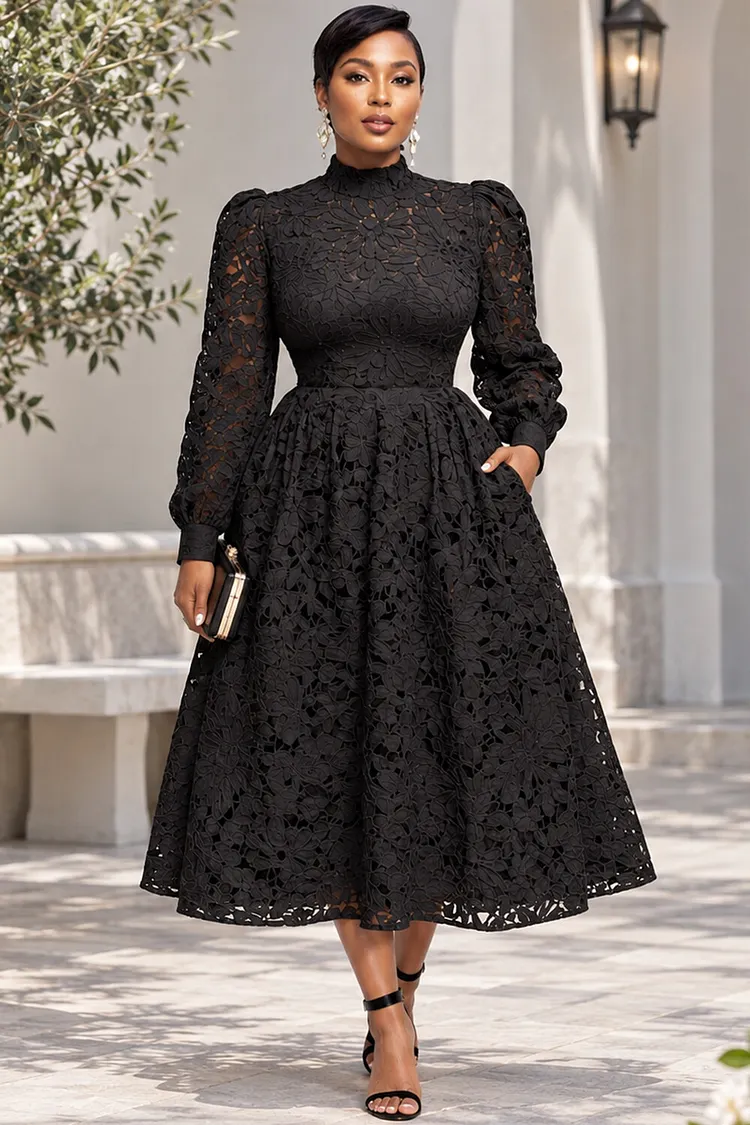 Xpluswear Design Plus Size Wedding Guest Black Mock Neck Lantern Sleeve Long Sleeve Pocket Lace Midi Dresses [Pre-Order] 2024 - Xpluswear