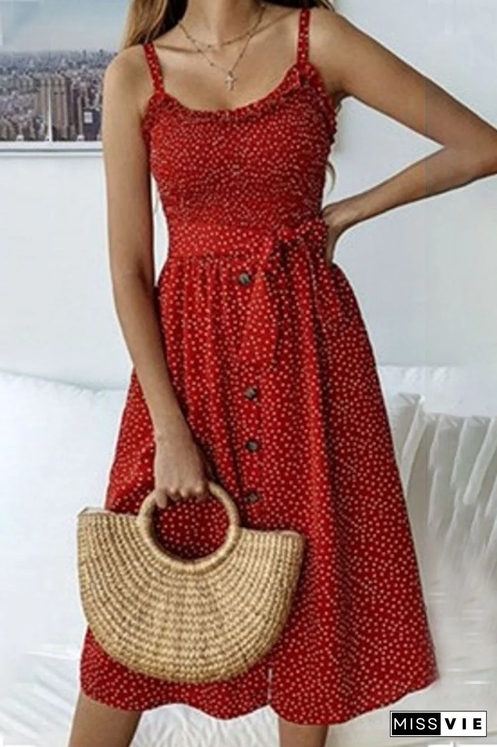 Fashion Street Dot Split Joint Spaghetti Strap A Line Dresses
