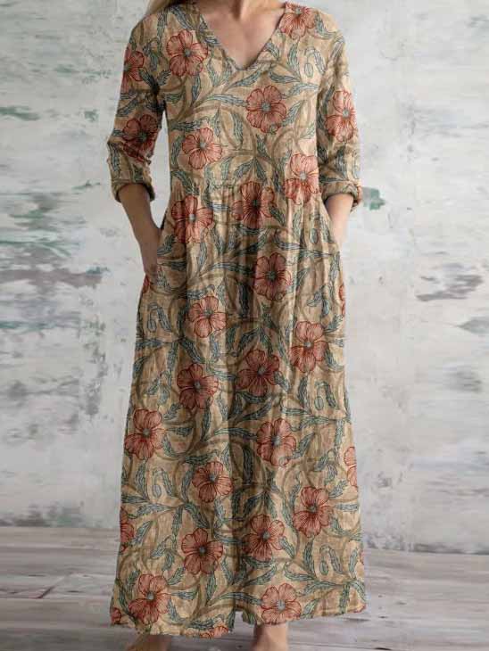 Women's 3/4 Sleeve V-neck Floral Printed Midi Dress