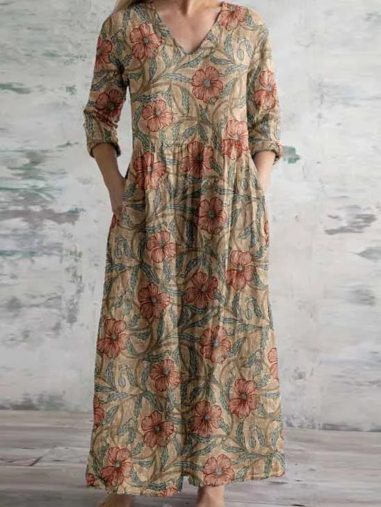 Women's 3/4 Sleeve V-neck Floral Printed Midi Dress