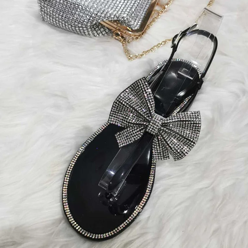 Women's Sandals Jelly Shoes Clip Toe Transparent Glitter Bowtie Bling Flats Ankle Buckle Strap Slides Ladies Beach Shoe Fashion