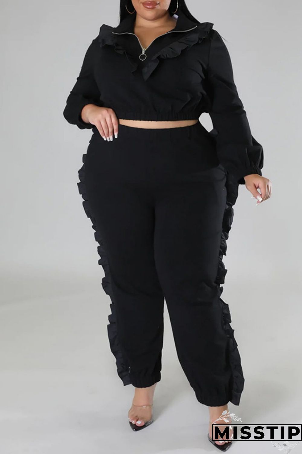 Black Casual Solid Patchwork Zipper Collar Plus Size Two Pieces