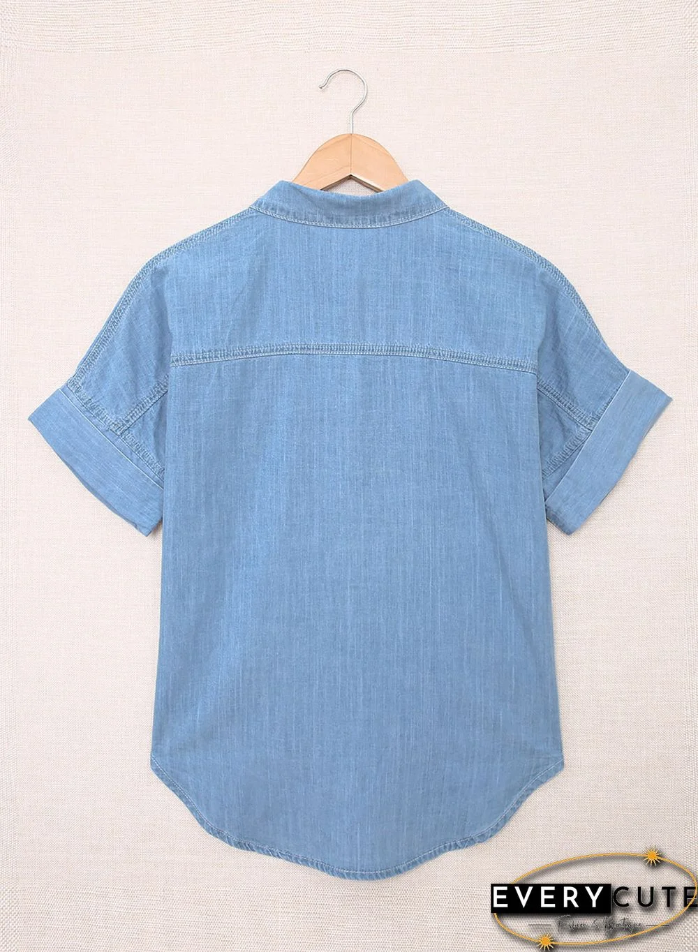 Light Blue Turn-down Collar Short Sleeve Denim Shirt