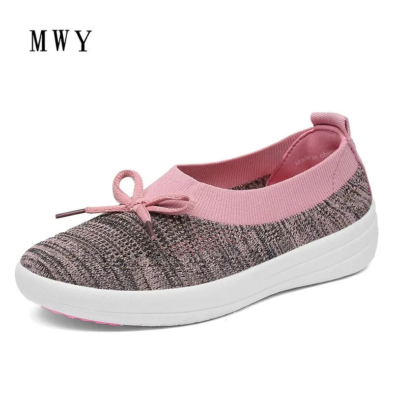 MWY Summer Breathable Mesh Fashion Women Shoes Flats Slip Fabric Casual Shoes Comfortable Round Toe Butterfly Knott Shoes