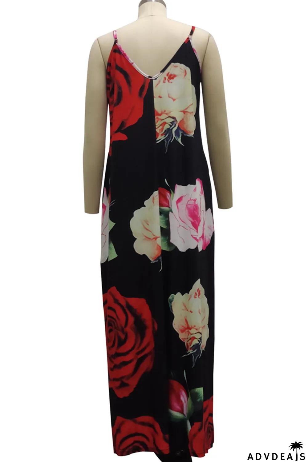 Black Sexy Print Split Joint Spaghetti Strap Straight Dresses