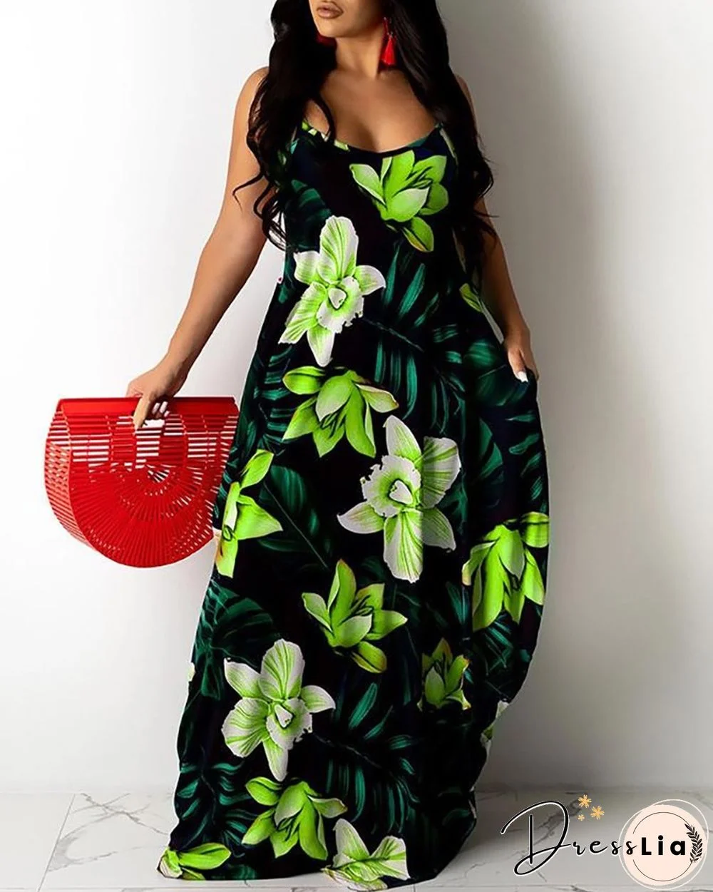 Floral Leaf Print Spaghetti Strap Maxi Dress