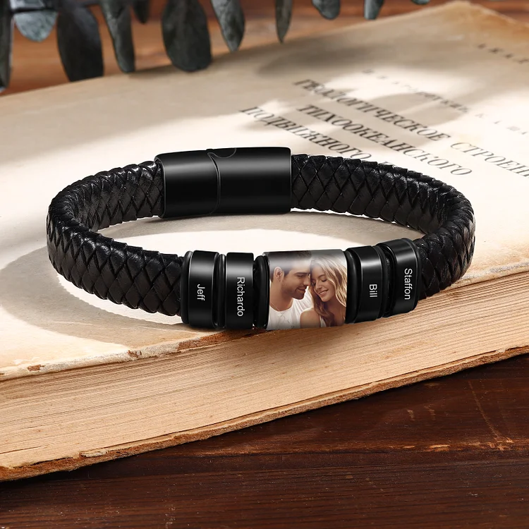 4 Names Personalized Customized Photo Stainless Steel Leather Bracelet Engraved Name Men's Bracelet Gift for Dad