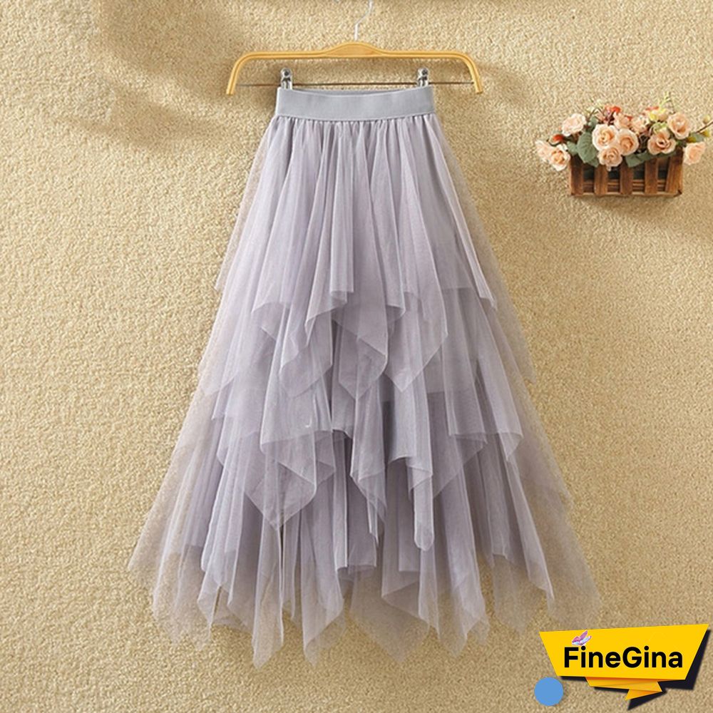 Women Summer Tulle Skirt Elastic Mesh Layered High Waist Pleated Ladies Midi Skirt