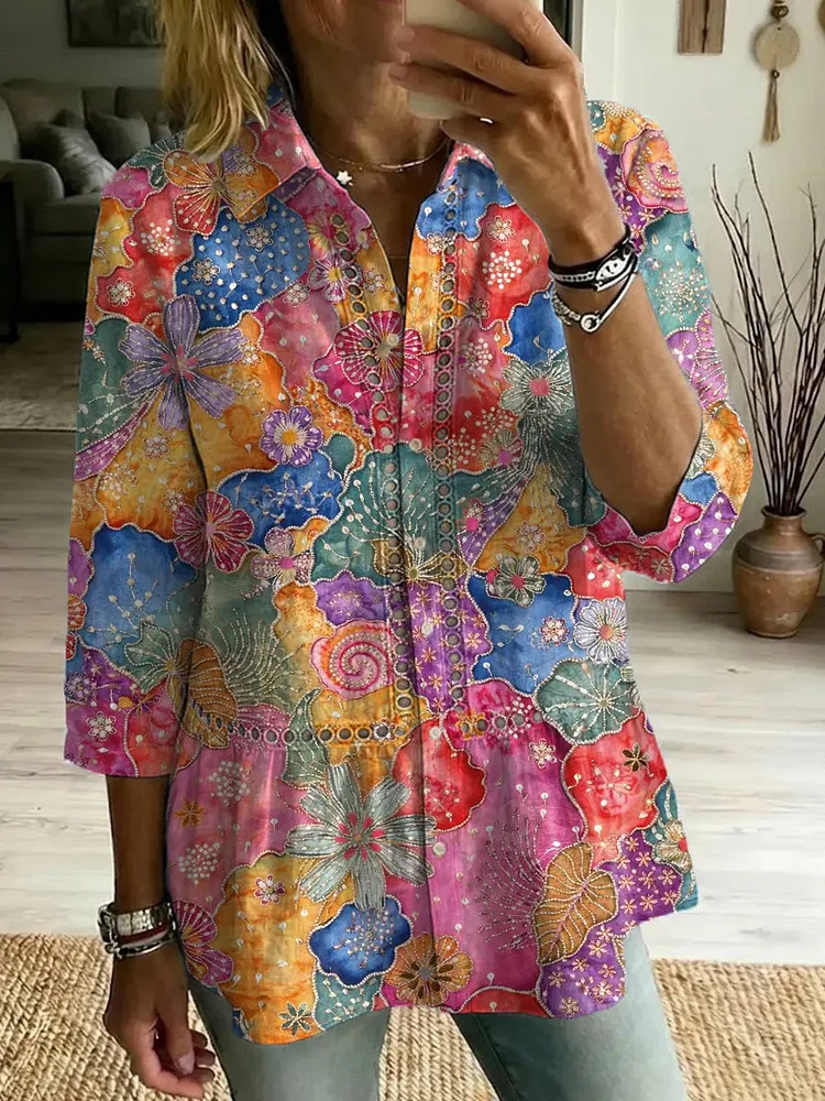 Women's Retro Floral Art Print Casual Lapel Cotton Shirt