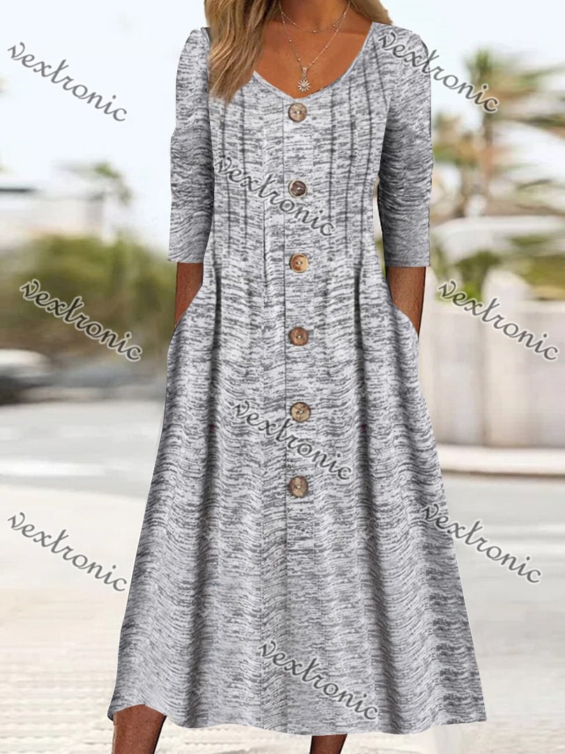 Women's Long Sleeve V-neck Button Graphic Midi Dress