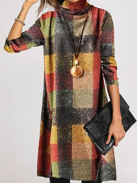 Wongn Wongn Autumn / Winter New Vintage Thickened French Cashmere Grinding Wool High Collar Long Sleeve Plaid Dress Direct Sales