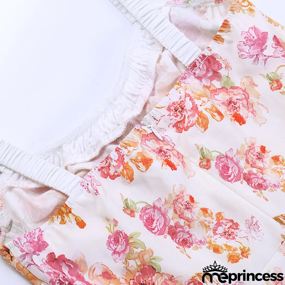 Straps Sexy Slit Floral Dress Women Summer Chic Slim Waist Slim Fit Long Dress