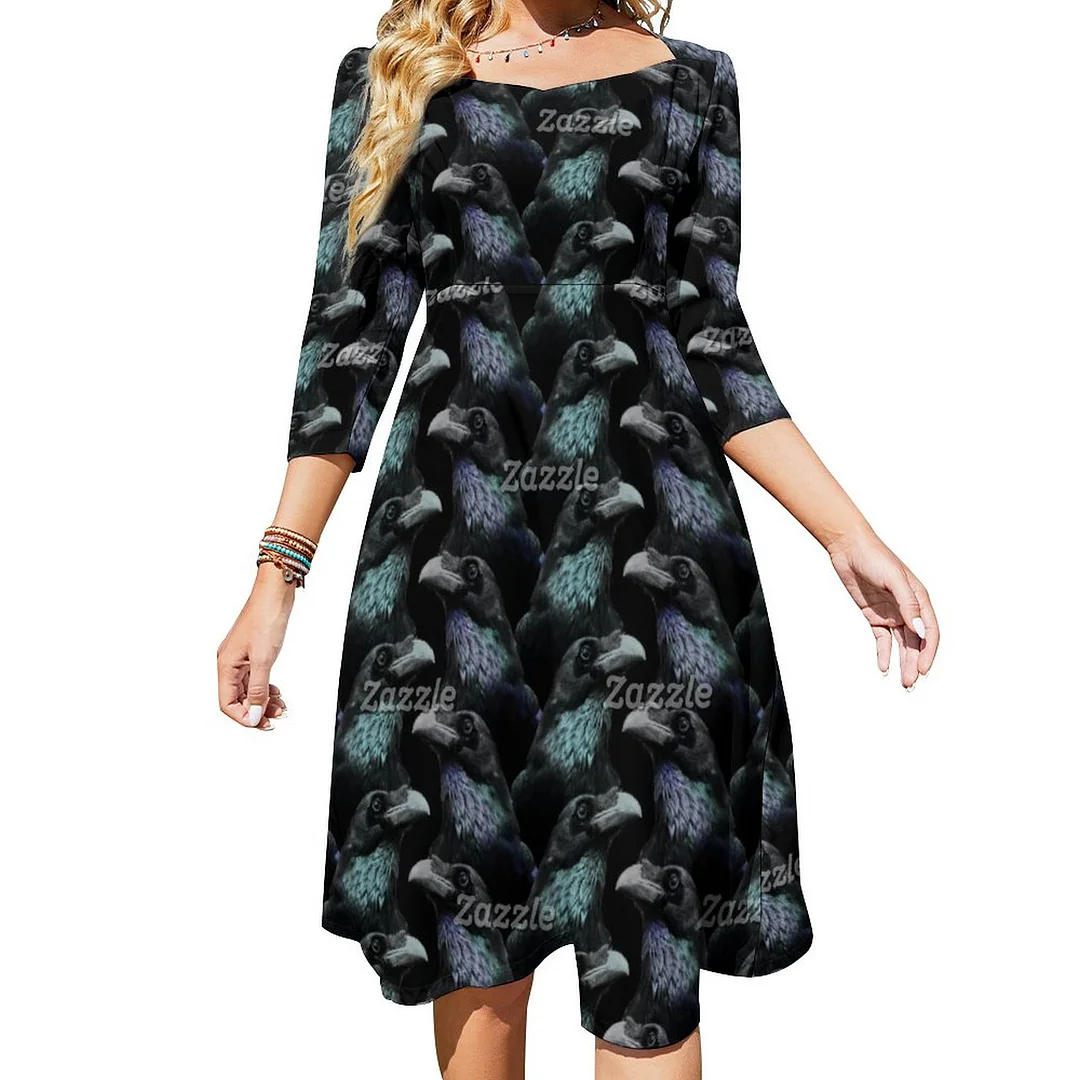 Evermore Gothic Raven Conspiracy Trad Goth Pattern Dress Sweetheart Tie Back Flared 3/4 Sleeve Midi Dresses